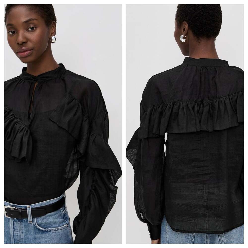 The Lulo Project Chaos Petal Linen Ruffle Black Top L NWT